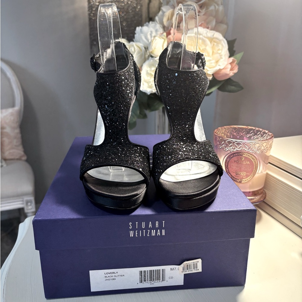 👠Stuart Weitzman Black Glitter Loverly Heels.  Size 7.5